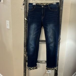 Cheetah print cuffed jeans. Cheetah print around waist inside. Super soft jeans